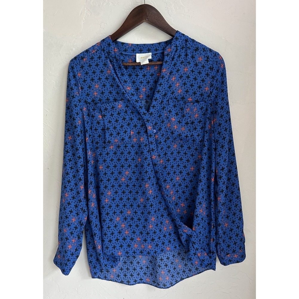 Anthropologie Maeve Lightweight Wrap Front Top 6 Blue Print Classic Casual